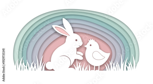 Easter bunny and chick in pastel paper cut art with rainbow background