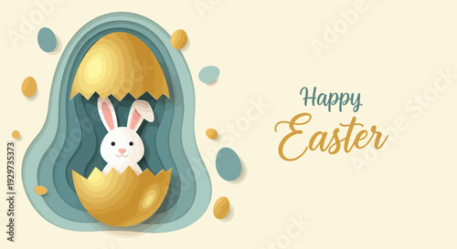 Easter bunny peek in golden egg with layered paper cut design