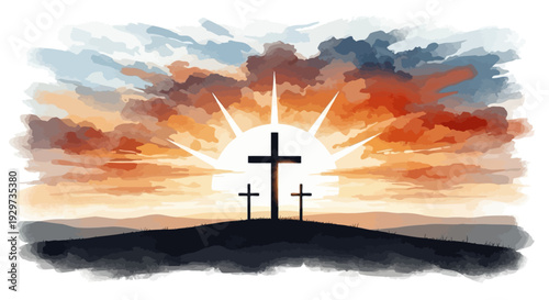 Sunset silhouette of three crosses on a hill with radiant clouds