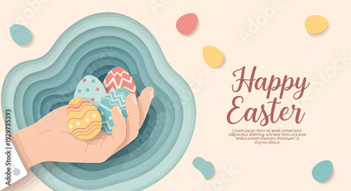 Easter celebration with hand holding decorated eggs in papercut style