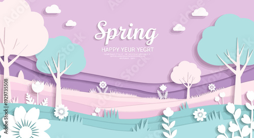 Pastel spring landscape with trees and flowers in paper cut design