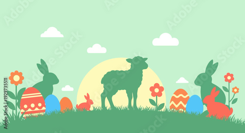 Easter sunset with lamb and bunnies in a pastel silhouette design