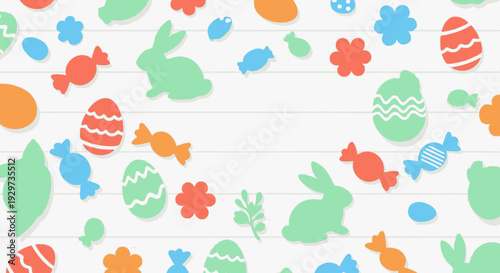 Colorful easter pattern with bunnies, eggs, and candy on wooden background