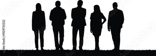 Business team silhouettes standing together, corporate unity concept, professional group collaboration, teamwork success, leadership confidence, office people illustration, career growth
