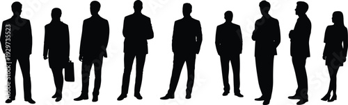 Business team silhouettes, corporate professionals vector illustration, office attire icons, men and women figures, teamwork concept, workplace diversity, standing employees design