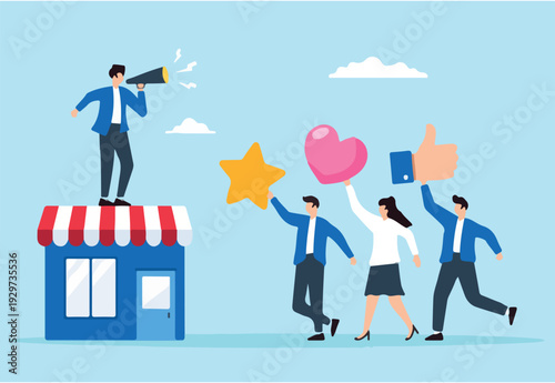 Flat illustration of store owner with megaphone speaks to loyal customers positive feedback brand engagement increase sale marketing strategy