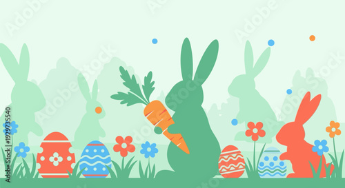 Playful easter bunnies with carrots and decorated eggs in a colorful spring garden