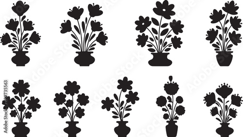 Eight black silhouette illustrations of tulip flowers in vases on white background