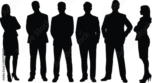 Business team silhouettes, professional attire vector illustration, corporate men and women icons, office diversity design, teamwork concept, standing employees, workplace culture