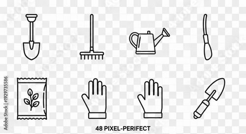 Gardening tools icons set including shovel rake watering can trowel gloves and seed packet on transparent background for planting