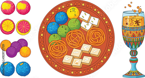 Colorful assortment of candies and a decorative glass on a table round square orange