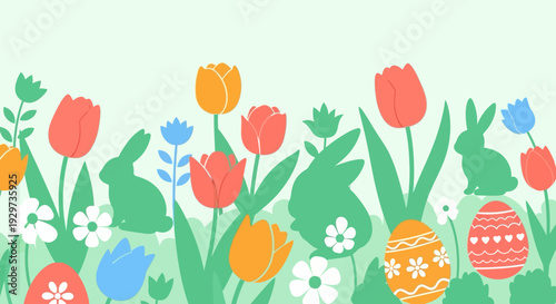Easter scene with tulips and bunnies amid decorated eggs on soft pastel background