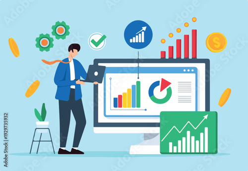 Profitability analysis, evaluating business, identifying cost-saving opportunities, profit margins optimization concept vector illustration. Analyst analyzing financial charts and graph.
