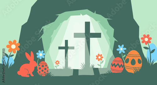 Easter cave scene with crosses, bunny, and decorated eggs in paper art