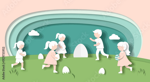 Paper art spring scene with children egg hunting in pastel landscape