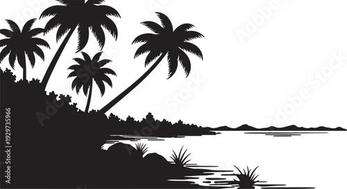 Black silhouette of tropical palm trees on a coastline with calm water and a clear sky in the background scene
