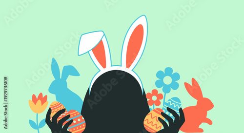 Colorful easter bunny silhouette with floral and egg motifs