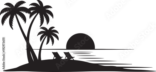 Black silhouette of a tropical island with palm trees lounge chairs and a dock leading to the ocean