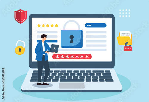  Flat illustration of developer reviewing security code on laptop with encryption symbols hovering.