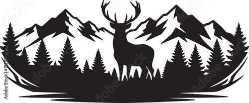 Black silhouette of a deer with antlers standing in front of mountains and pine trees on a white background