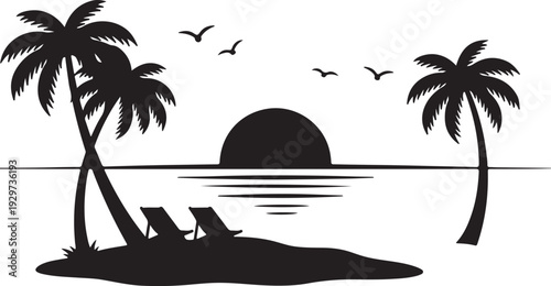 Serene tropical island scene with palm trees beach chairs and birds flying over calm water near a distant dome shaped rock