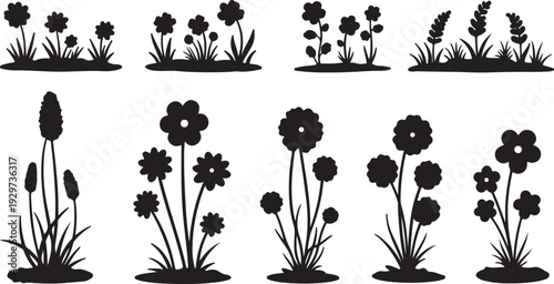Collection of various black flower silhouettes on white background with different plants and blooms