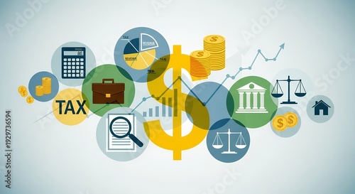 A detailed infographic illustrates tax and financial management concepts with various related icons.