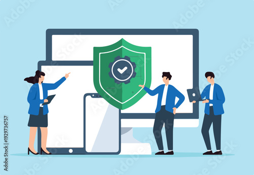 Flat illustration of group of it professionals installing antivirus software on multiple devices to protect from malware with cybersecurity best practices.