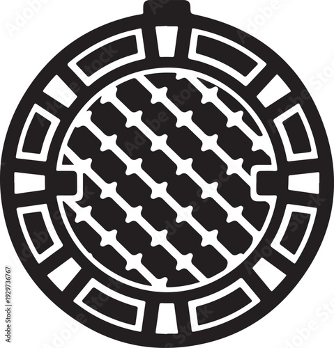 Black and white illustration of a manhole cover with a grid pattern on transparent background