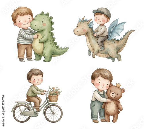 Sweet watercolor scenes of a little boy hugging a dinosaur, riding a dragon, cycling, and cuddling a teddy bear