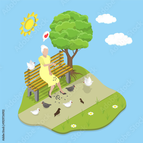3D Isometric Flat Vector Illustration of Feeding Doves, Elderly Woman and Her Avian Friends.