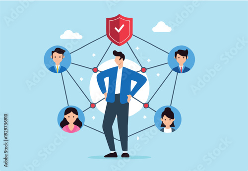 Flat illustration of man protecting against social engineering data security and network safety.