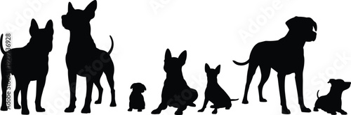 Dog silhouettes, sitting, standing, different breeds, pets, animals, domestic, canine diversity, vector illustration, black outline, lifestyle, zoo, wildlife, nature