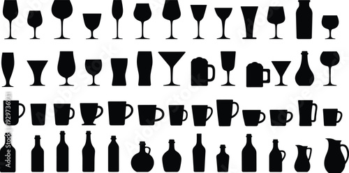 Drinkware silhouettes collection, bottles vector illustration, wine glasses, cocktail mugs, beer tumblers, pitchers, decanters, barware icons, beverage container design