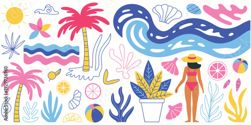colorful summer illustration, tropical elements and beach scenes, vibrant vector artwork, decorative design elements, vacation and travel themed graphic set.