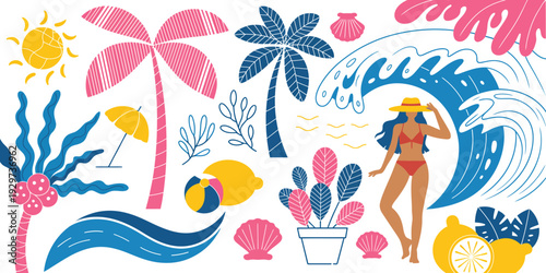 colorful summer illustration, tropical elements and beach scenes, vibrant vector artwork, decorative design elements, vacation and travel themed graphic set.
