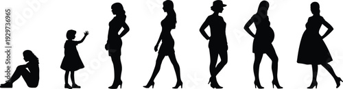 Female life stages silhouette, childhood to adulthood, growth progression, pregnancy, aging woman, generational timeline, human development, evolution, lifestyle illustration