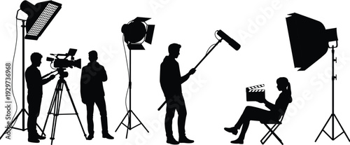 Film production silhouettes, movie set vector, video shoot illustration, camera operator design, boom microphone artwork, clapperboard icon, studio light concept