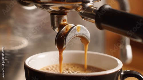 A showcasing a close-up shot of espresso being poured into a cup from a machine