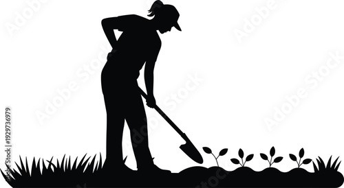 Gardening person silhouette, farmer vector illustration, outdoor agriculture artwork, sustainability design, planting activity icon, garden work concept, eco lifestyle graphic
