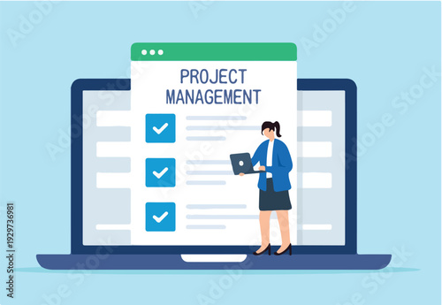 Flat illustration of female freelancer update business checklist in project management software or website on laptop screen
