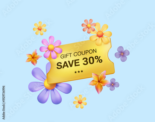 Vector spring sale banner with colorful spring and summer flowers 3D vector, and clouds. Seasonal discount poster, promo
