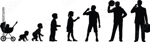 Human growth stages silhouette, baby to adult, life development progression, childhood to adulthood, evolution of people, psychology, sociology, education concept