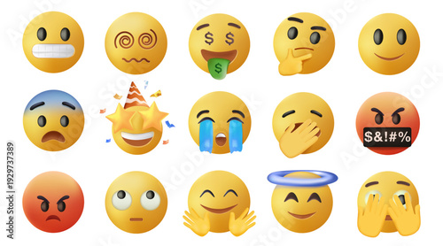 Smiling and Affectionate emojis 3D set. Emoticons big set. Vector icons set. Social media emoji. Emoji faces collection
