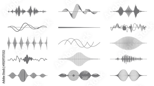 diverse collection of abstract sound wave forms, audio spectrums, and digital music visualization elements, vector illustration set for creative audio projects.