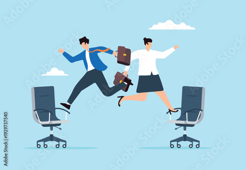 Flat illustration of businessman and businesswoman jump onto office chair symbolizing job rotation for new skill and responsibility