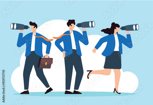 Flat illustration of business people use binoculars to search for new job opportunities inspecting for future career development.