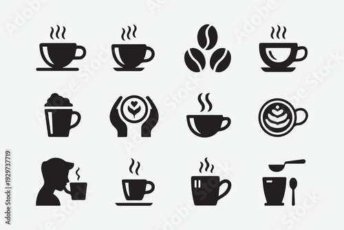 Minimalist Black Coffee Icons Set for Cafe and Beverage Concepts