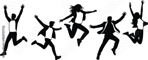 Jumping people silhouettes, celebration vector illustration, group success artwork, joyful pose design, energetic lifestyle concept, happiness icon set, achievement graphic art