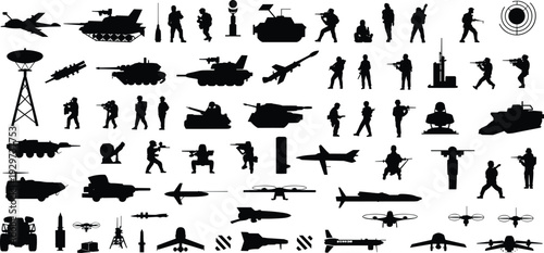 Military silhouettes, soldiers, tanks, helicopters, drones, missiles, aircraft, submarines, radar towers, armored vehicles, warfare technology, defense systems, vector illustration